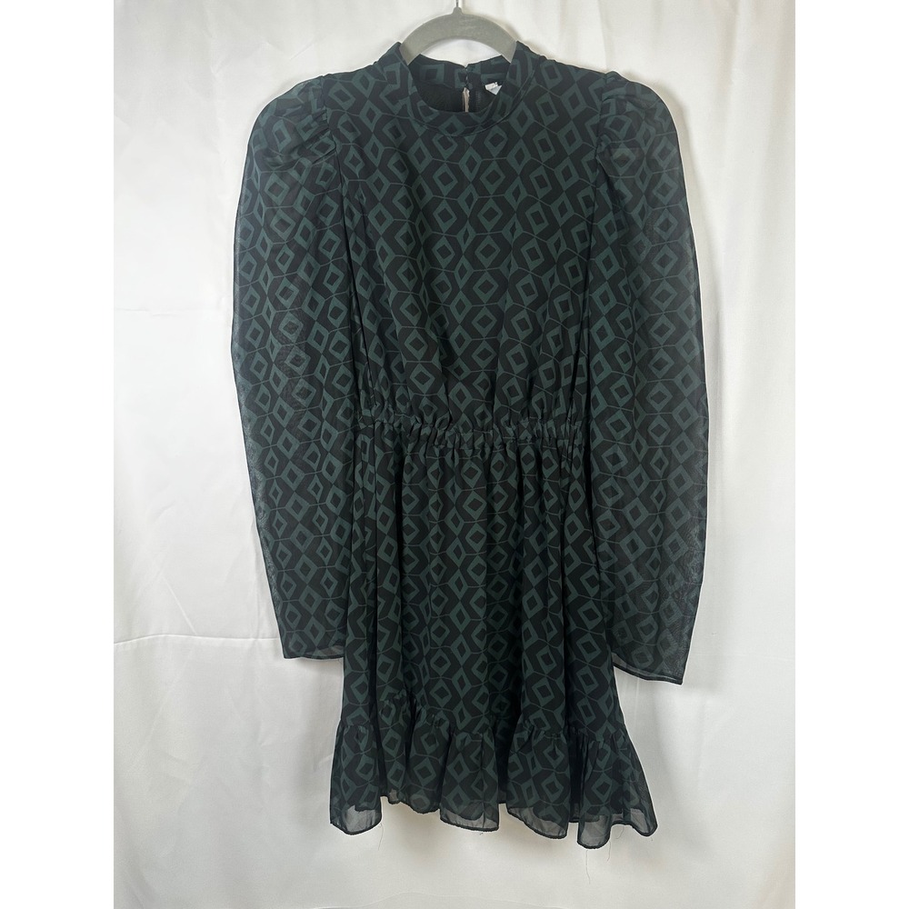 Zara Green Black Geometric Diamond Print Long Sleeve Mini Dress High Neck Small